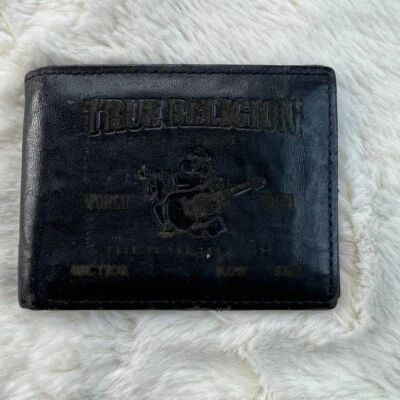 Cartera True Religion RFID Doble Plegable Negra Cuero Genuino Foto 1 de 4