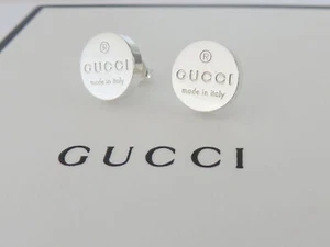 GUCCI Sterling Silver Trademark Round Tag Earrings - Picture 1 of 3