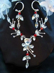Rhinestone Necklace, Earrings ~ Clear w/Orange Red Costume, Bridal, Prom Jewelry - Picture 1 of 2
