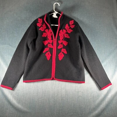 Cárdigan suéter Coldwater Creek para mujer talla S negro rojo floral bordado lana Foto 1 de 4