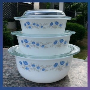 3Pcs Casserole Opal Serving Set Blue Print Tableware Kitchen Home Glass Lid - Picture 1 of 3