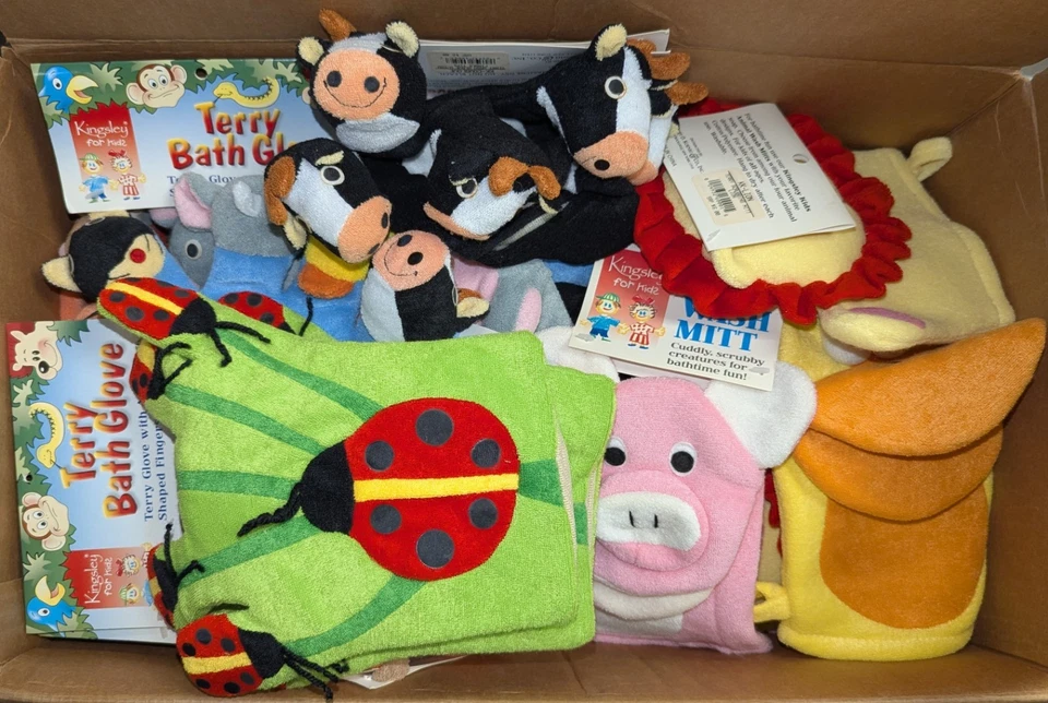 LOTE DE 63 GUANTES DE BAÑO KINGSLEY PARA NIÑOS SURTIDOS TEMÁTICOS DE ANIMALES DE RIZO Foto 1 de 3