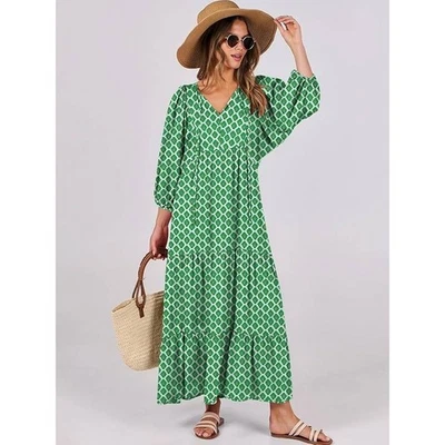 NUEVO Maxi Vestido Para Mujer en Niveles XXL Verde Geométrico Retro Boho Fluido Evento Hippie Foto 1 de 4