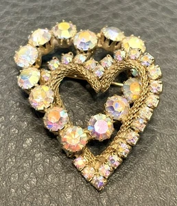 Vintage Doppel Herz Rahmen AB Aurora Borealis Strass Brosche Retro Anstecknadel - Bild 1 von 8