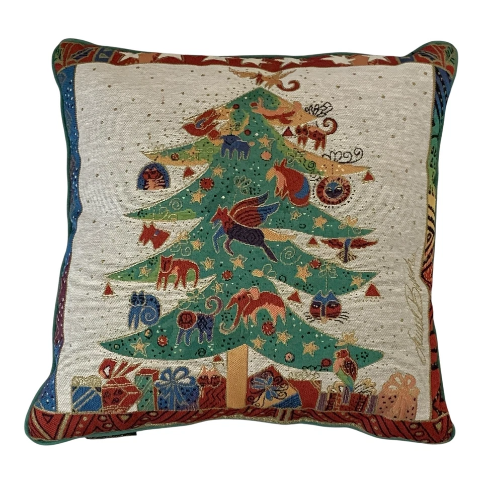 "Tapiz de almohada navideña Laurel Burch de árbol con adornos de animales 16""" Foto 1 de 4