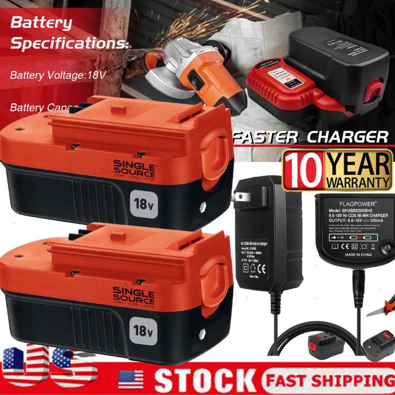 Paquete de 2 baterías/cargadores 18V para Black & Decker HPB18 18 voltios HPB18-OPE 244760-00 Foto 1 de 4