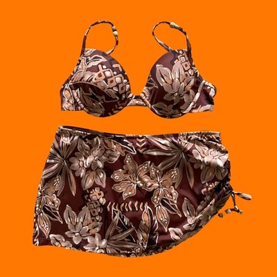 Traje de baño boho y2k vintage años 90 00 marrón brillante floral con cuentas talla 12 Foto 1 de 4