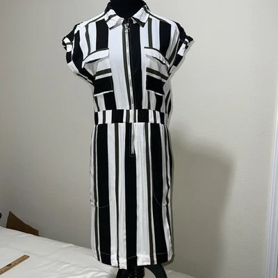 Vestido Camisa Tally Weijl L Azul Marino Caqui Blanco Rayas Metal Cremallera Bolsillos Frontales Corbata Foto 1 de 4