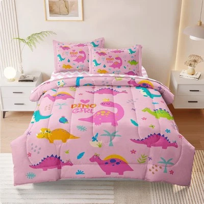 Funda nórdica de dinosaurio rosa verde doble ropa de cama de dinosaurio para niñas, Foto 1 de 4