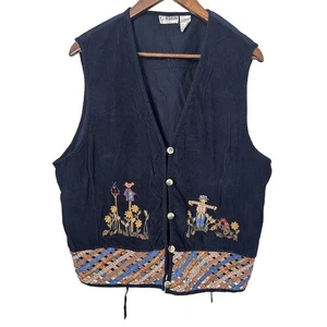 VTG VJ Woman Vest Women's Sz 2X Navy Blue Fall Scarecrow Embroidered Cotton - Picture 1 of 6