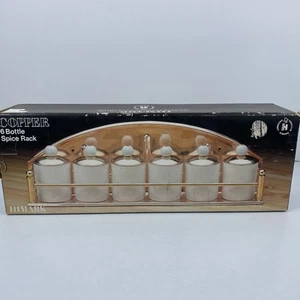 Estante de especias vintage de porcelana blanca cobre 6 frascos tapas colgantes de pared 86 - Imagen 1 de 9