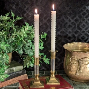 2 Vintage Kerzenhalter zweifarbig massiv Messing & Chrom einfach konisch quadratisch Sockel - Bild 1 von 8