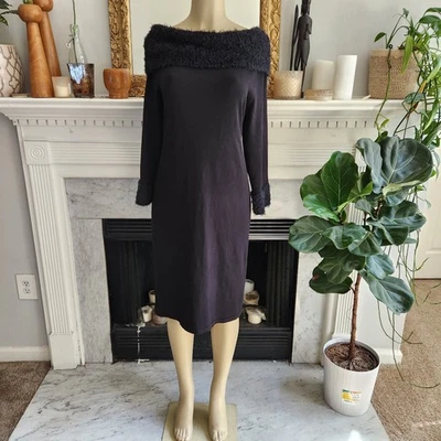 Black Sweater Dress Faux Fur Cowl Neck Stretch Retro Mob Wife Size XL - Image 1 of 4