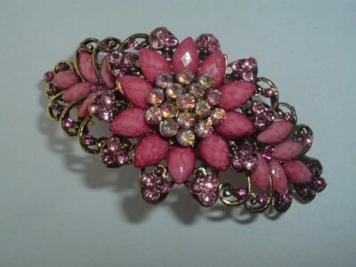 VINTAGE PINK RHINESTONE & PLASTIC GEM METAL HAIR BARRETTE UP DO HAIR ACCESSORY - Image 1 of 2