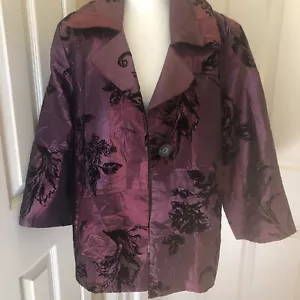 NWT Susan Graver Purple Satin/Velvet Jacket Large Black Lined One Button Closure - Picture 1 of 10