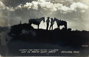 RPPC Cowboy Cowgirl Horse Shadow Gay El Ranch Gaylord Mich carte postale photo réelle