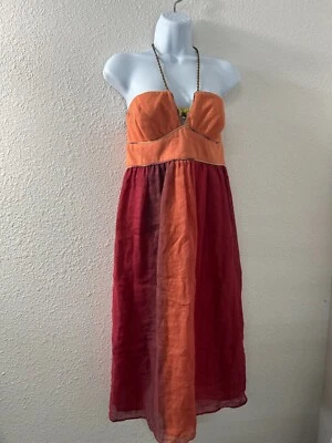 Vestido Lauren Moffatt Anthropologie Rojo Naranja Lino Seda Cuero Halter Joya 4 Foto 1 de 4