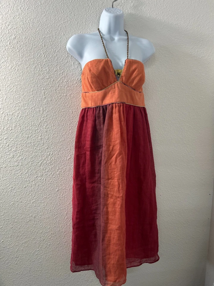 Vestido Lauren Moffatt Anthropologie Rojo Naranja Lino Seda Cuero Halter Joya 4 Foto 1 de 4