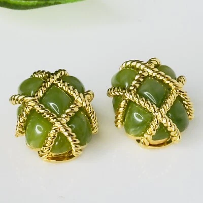 Brincos Vintage KJL Kenneth J Lane Corda Dourada Acolchoada Verde Lucite Clip On 1133 - Imagem 1 de 4