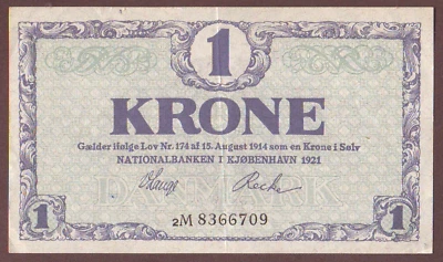DENMARK 1 Krone 1921 前缀 2M — 第 1/2 张图片