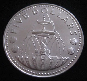 MDS BARBADOS FIVE 5 DOLLARS 1973-FM MATTE "THE DOLPHIN FOUNTAIN", SILBER #J - Picture 1 of 2