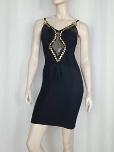 80s 90s Bodycon Club Party Dress molded cups Sheer Mesh Mini Black Gold XS/S - Picture 1 of 12