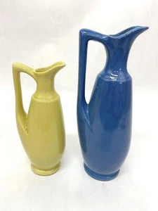 Lot of 2 Ceramic Pitcher Vases Blue & Yellow Skinny Decor Planters - Picture 1 of 5