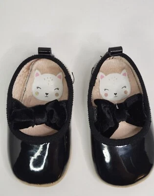 H&M BABY GIRL Black Shiny Slip on  Shoes with black suede bow US SIZE 1-2 USED  - Image 1 of 4