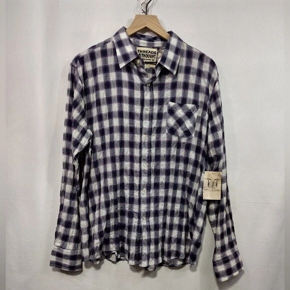 NWT Threads for Thought Organic Cotton Plaid Button Shirt Mens XL Purple White - Image 1 of 4