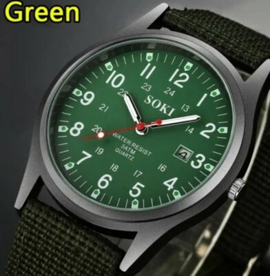 Reloj analógico de cuarzo VERDE calendario de lona del ejército militar SOKI EE. UU. VENTA $11 Foto 1 de 2