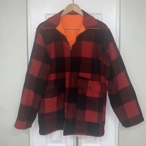 Vintage 70s Woolrich Reversible Red/Black Plaid Flannel Hunting Jacket Large - Picture 1 of 23