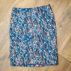 Talbots Pencil Skirt Peacock Feather Print Sz 8 Lined Classic Stretch Career - Picture 1 of 8