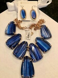 NWT Kendra Scott Harlow Statement Necklace & Elle Earrings Navy Dusted Rose RARE