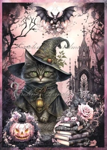 Cat Witch Pink Halloween Designer Cotton Fabric Quilt Block Multi-size - Picture 1 of 1