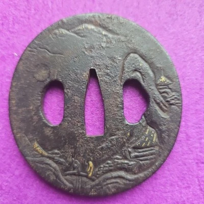 Antique Rare Tsuba Sword katana Guard Japanese Temple motif fromJapan Samurai - Image 1 of 4