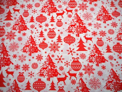 Cotton Fabric By Yard Red Christmas Trees Deer Ornaments Snowflakes White #22 #C - Image 1 of 2
