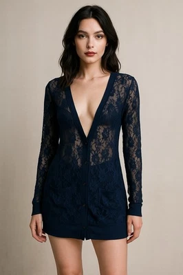 Cárdigan transparente de encaje azul Xhilaration L | Y2K Longline Boyfriend Goth Grunge Foto 1 de 4