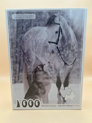 Horse With Wolf 1000 Piece Puzzle - Black & White Difficult Puzzle - 700 x 500mm - Image 1 of 4