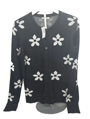 Cárdigan suéter Maurices negro/blanco margarita manga larga abotonado 100 % algodón pequeño Foto 1 de 4