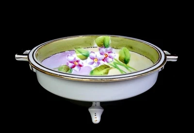 Japanese Porcelain Purple Flowers Green Leaves Gold Trim 7 3/8" Tri Footed 1920s - Image 1 of 4