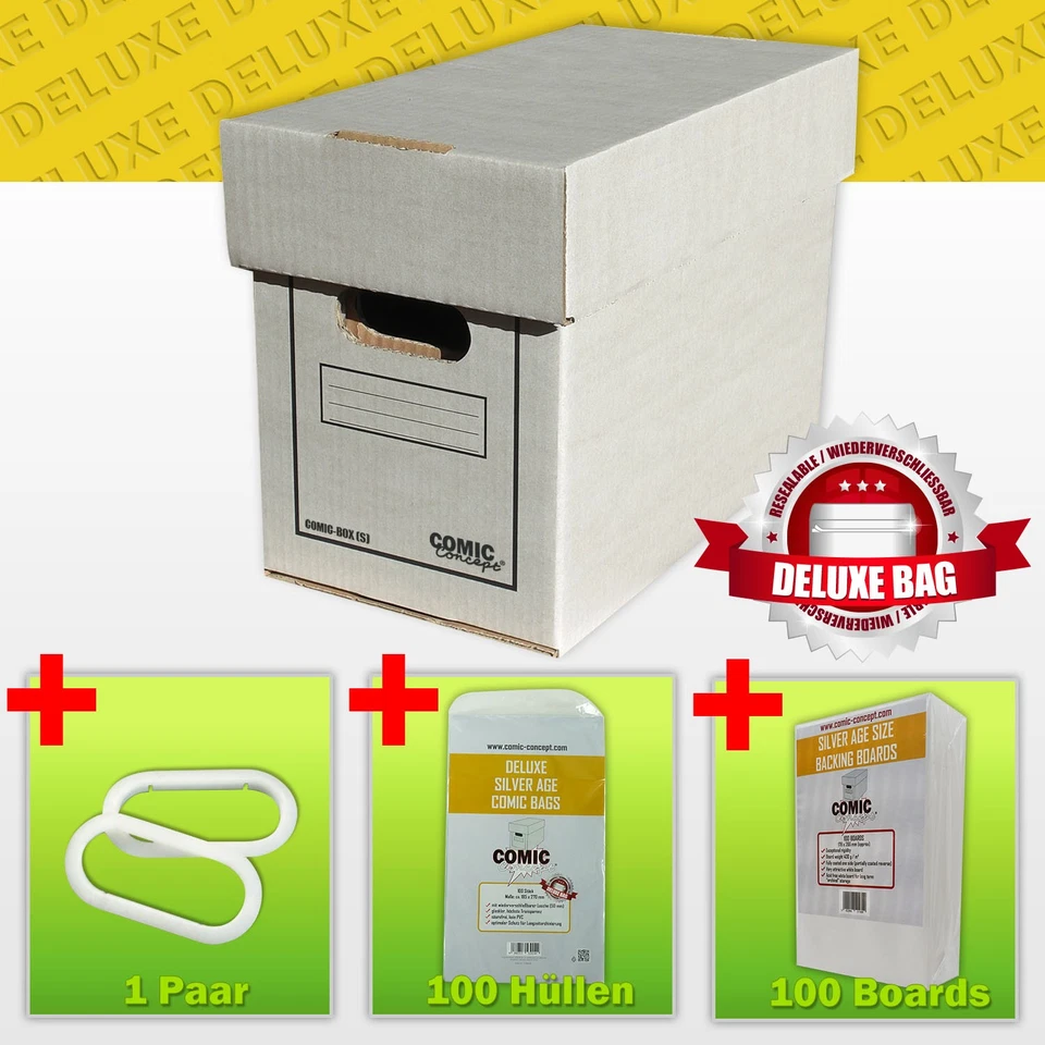Sammler-Set DELUXE Silver Age Size: 1 Comic Box (kurz), 100 Hüllen mit Lasche, 1 - Bild 1 von 1