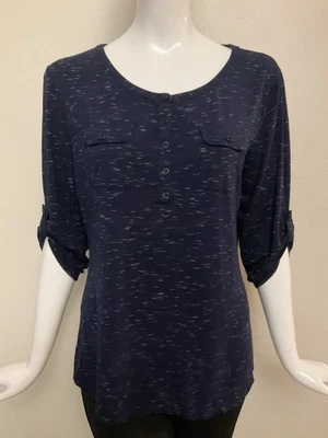 New York & Company 3/4 Sleeve Marled Navy Blue Knit Henley Top SIze L - Image 1 of 4
