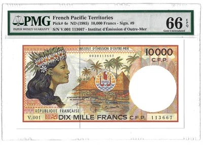 66 EPQ PMG 10 000 Francs ND(1985) French Pacific Territories Banknote # 4e - Image 1 of 4