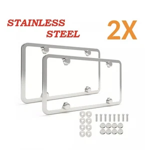 2Pcs Chrome Stainless Steel Metal License Plate Frame Tag Cover With Screw Caps - Picture 1 of 2