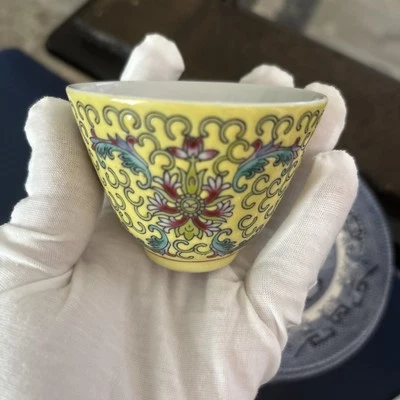 1 Antique Chinese Porcelain Yellow Turquoise Pink Famile Rose Tea Cups Red Mark - Image 1 of 4