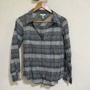 Joie Plaid Sheer Cotton Button Up Long Sleeve Roll Tab Shirt - Picture 1 of 6