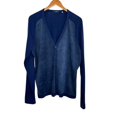 Elie Tahari Womens Merino Wool Suede Leather Cardigan Sz Large Blue Button Up - Image 1 of 4