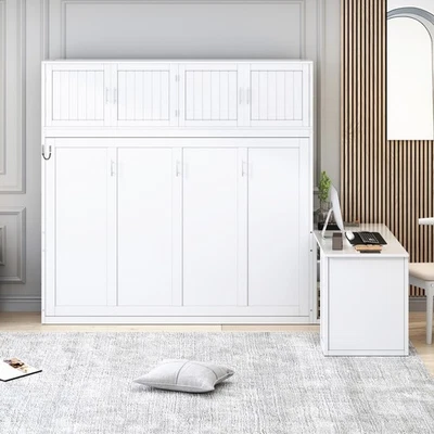 Cama Murphy de Pared Queen Size con Escritorio y Estantes de Almacenamiento y Armarios Grandes, Blanca Foto 1 de 4