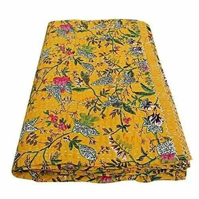Indian Bedding Cotton Yellow Kantha Quilt Handmade Floral Print Throw Bedspread - Image 1 of 4