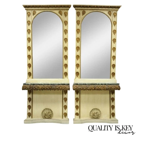 Large Pair Italian Hollywood Regency Shell & Marble Console Hall Table & Mirror Cover